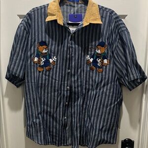 Men's Blue Striped Shirt with Tan Collar and Bear Design